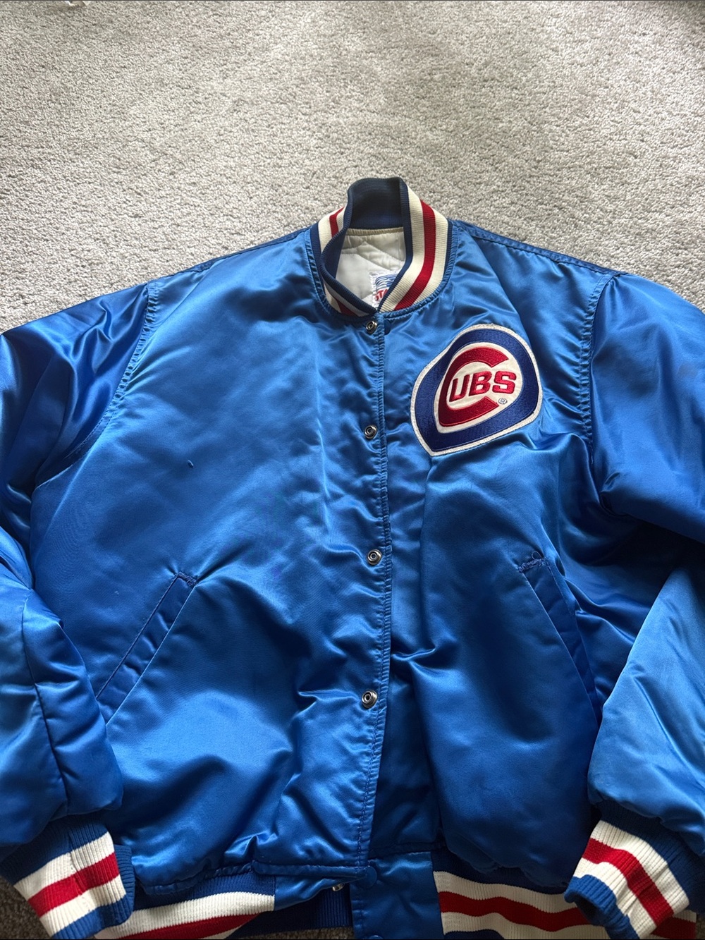 STARTER Royal Blue Satin Cubs Bomber Jacket with Red & White Trim